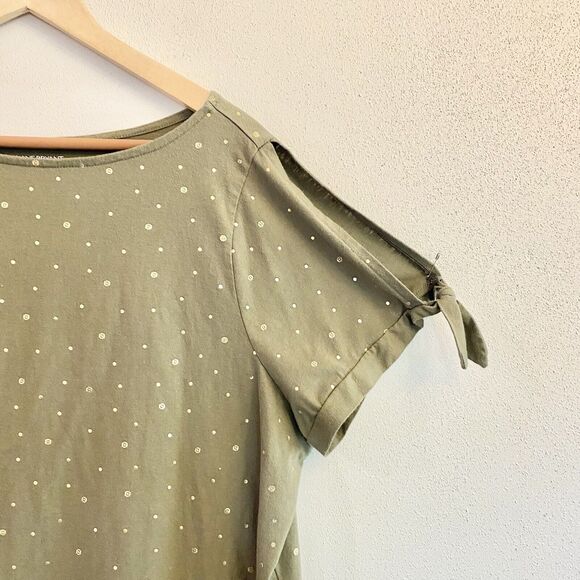 Lane Bryant Women’s‎ Shirt 22/24 Olive Cold Shoulder Sleeve Gold Accent Print - Picture 2 of 9
